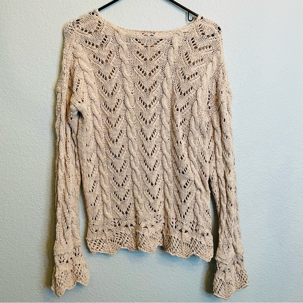 Black Swan Beige Knot Crochet Bell Sleeve Boho Festival Long Sleeve Top | Large - Picture 5 of 6